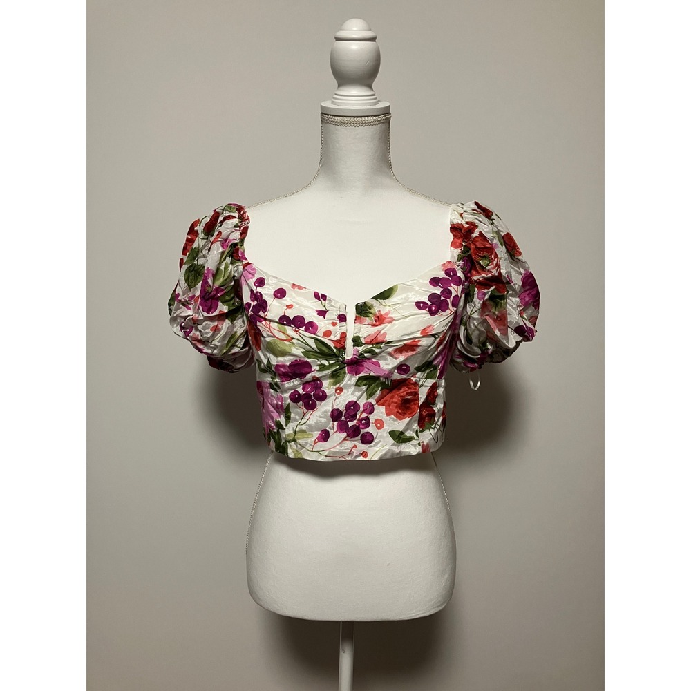 NWT Abercrombie & Fitch Womens Drama Puff Sleeve Crop Top L White Fruit Print
